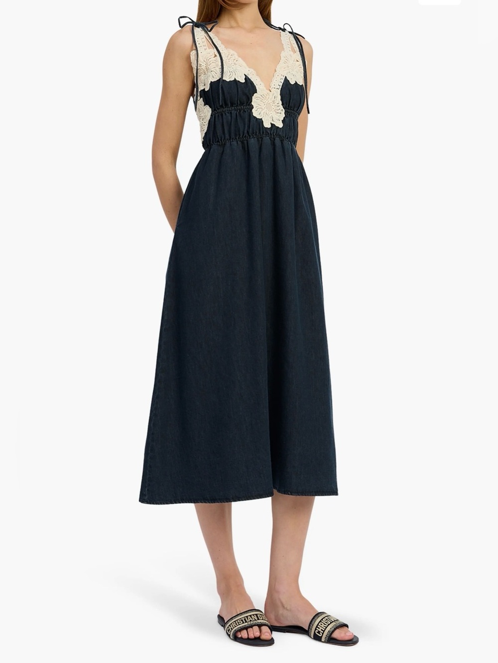 EUC En Saison Natalia Lace Trim Shirred Midi Dress Size Large
